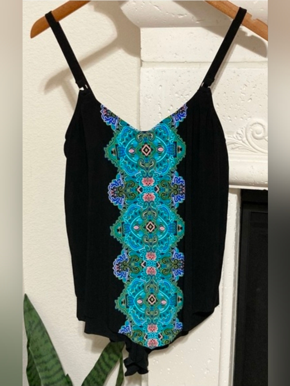 Aqua Green Black One-Piece Swimsuit with Turquoise Medallion Panel